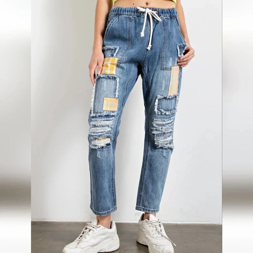 New! Easel Patchwork Distressed Washed Denim Pants - Picture 2 of 5